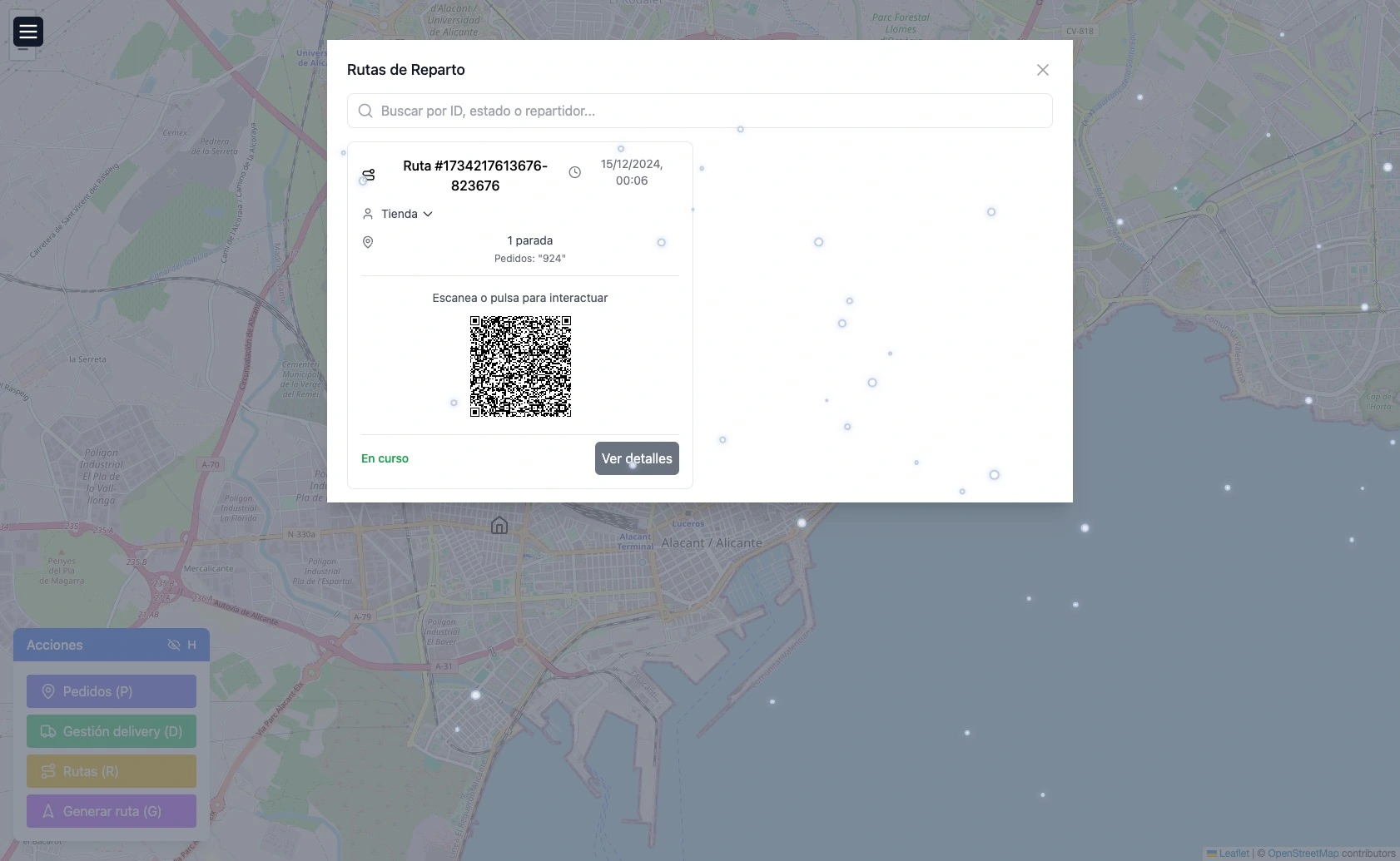 Interfaz de visualización de rutas generadas para los repartidores